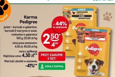 Karma Pedigree junior - kurczak w galaretce, kurczak & warzywa w sosie, wołowina w galaretce 100 g; 25,00 zł/kg promocja w Żabka