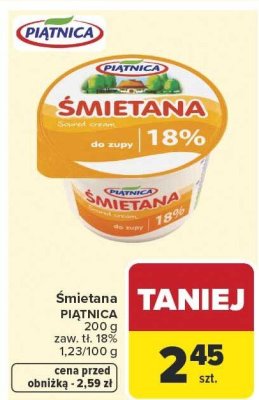 Śmietana PIĄTNICA 18% promocja w Carrefour Market