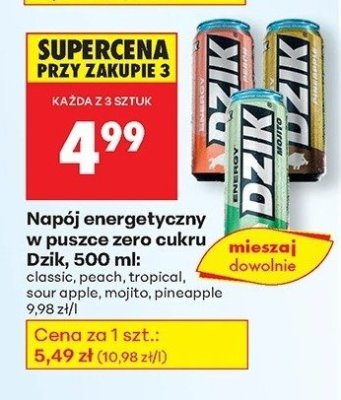 Napój energetyczny w puszce zero cukru Dzik 500 ml peach, tropical, sour apple, mojito, pineapple promocja w Biedronka