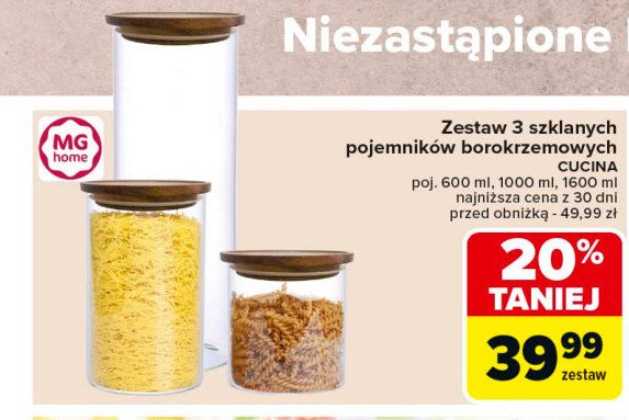 Pojemniki szklane cucina 600 ml + 1 l + 1.6 l Mg home promocja w Carrefour