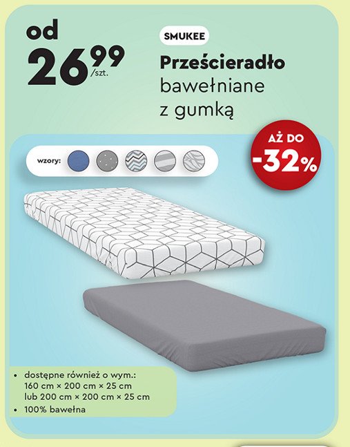 Prześcieradło bawełniane z gumką 200 x 200 x 25 cm Smukee promocja w Biedronka