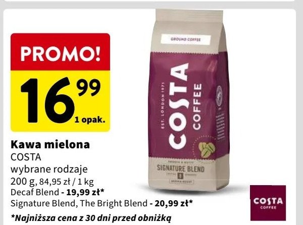 Kawa bezkofeinowa COSTA COFFEE THE DECAF BLEND promocja w Intermarche