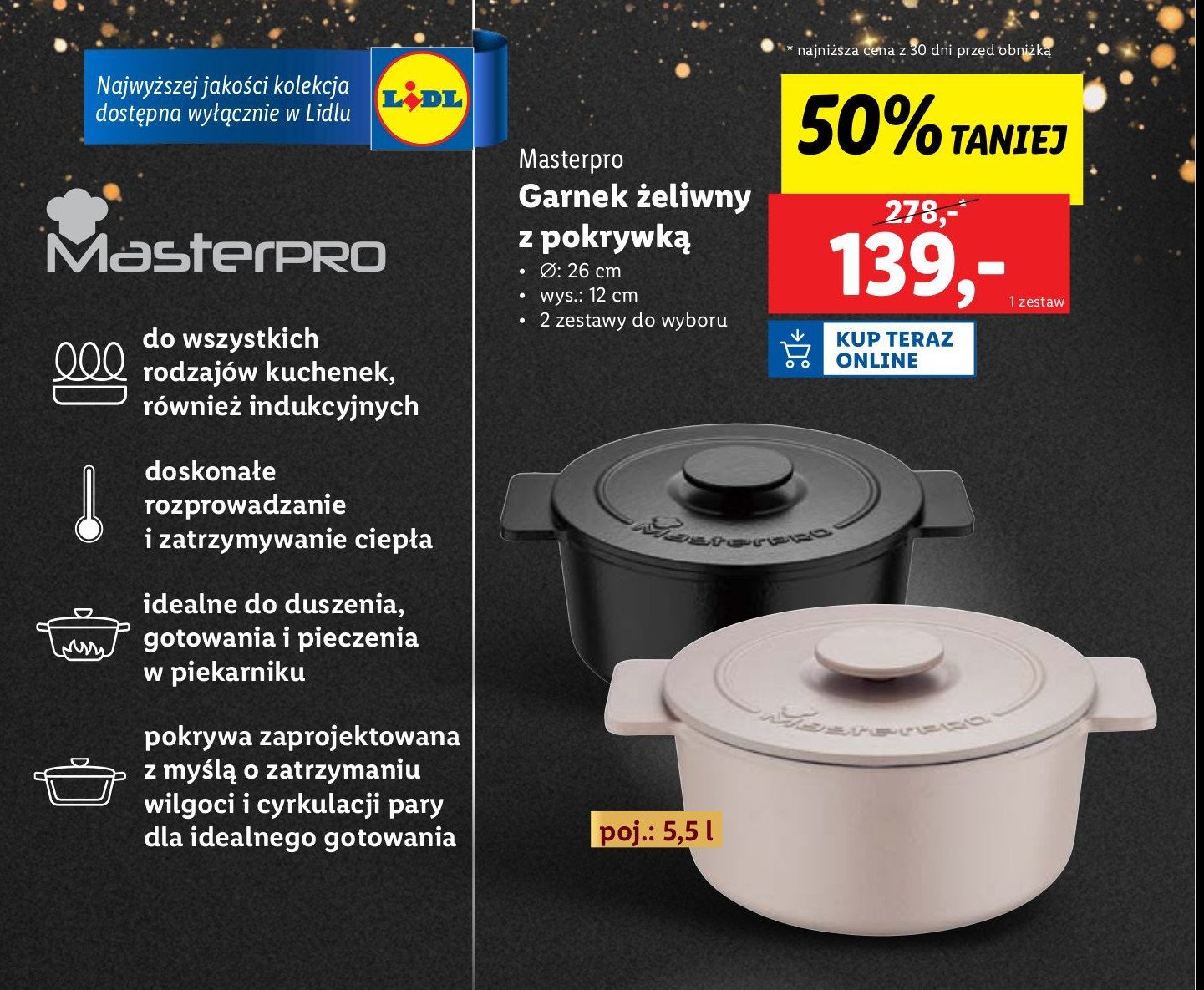 Garnek żeliwny z pokrywką 26 cm Masterpro promocja