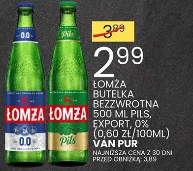 Piwo Łomża butelka bezwrotna 500 ml pils Export, 0% (0,60 zł/100ml) Van Pur promocja w Wafelek