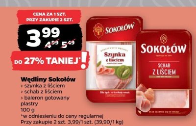 Wędliny Sokołów (szynka z liściem, schab z liściem, schab gotowany plastry) 100 g promocja w Netto
