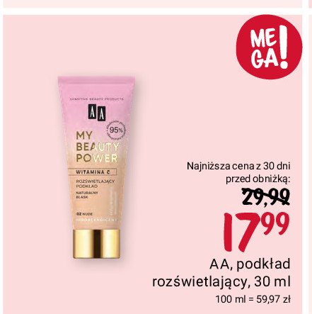 Podkład rozświetlający 02 nude Aa my beauty power promocja