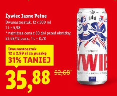 Piwo Żywiec Jasne Pełne 12-pak promocja w Lidl