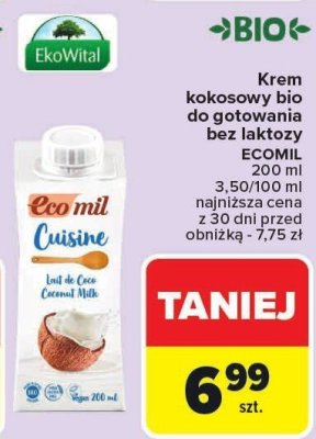 Krem kokosowy bio do gotowania bez laktozy ECOMIL promocja w Carrefour Market