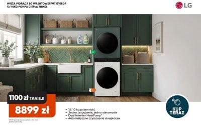 Wieża piorąca Washtower WT1210EGF 12/10kg pompa ciepła ThinQ promocja w Max Elektro