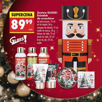 Zestaw Dziadek do orzechów: żel pod prysznic, sól do kąpieli, szampon do włosów, mydło do twarzy, balsam i masło do ciała, krem do rąk, myjka promocja w Biedronka