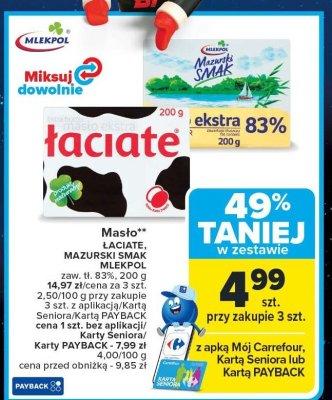 Masło ŁACIATE, MAZURSKI SMAK MLEKPOL promocja w Carrefour