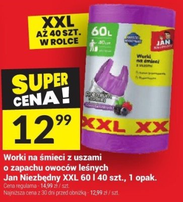Worki na śmieci z uszami o zapachu owoców leśnych Jan Niezbędny XXL 60 l, 40 szt. promocja w Twój Market