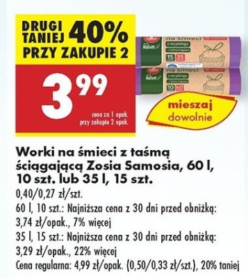 Worki na 艣mieci 60 l z ta艣m膮 艣ci膮gaj膮c膮 mocne Zosia samosia promocja