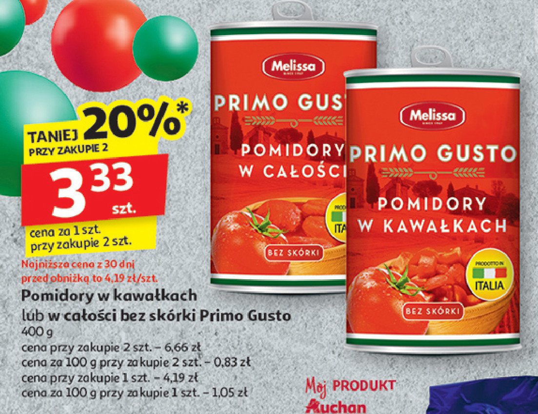 Pomidory w kawałkach bez skórki Melissa primo gusto promocja w Auchan