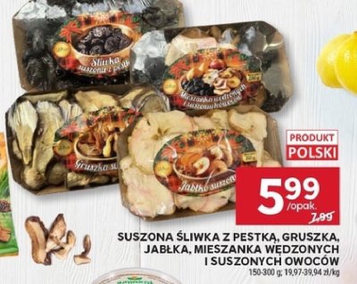 Suszona śliwka z pestką, gruszka, jabłka, mieszanka wędzonych i suszonych owoców promocja w Stokrotka