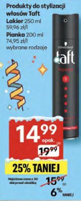 Produkty do stylizacji włosów Taft Lakier 250 ml promocja w Delikatesy Centrum