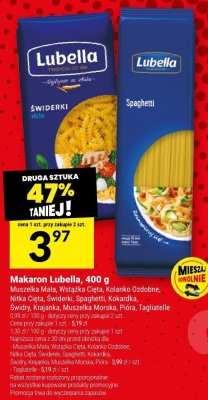 Makaron Lubella, 400 g (Muszelka Mała, Wstążka Cięta, Kolanko Ozdobne, Nitka Cięta, Świderki, Spaghetti, Kokardka, Świdy, Krajanka, Muszelka Morska, Pióra, Tagliatelle) promocja w Twój Market