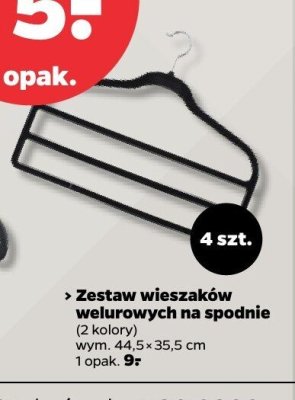 Zestaw wieszaków welurowych na spodnie 2 kolory 44.5x35.5 cm 4 szt. promocja w Netto