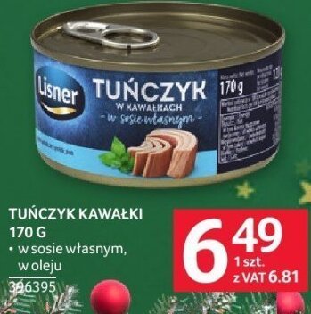Tuńczyk kawałki Lisner 170 g kawałki we własnym soku w oleju promocja w Selgros