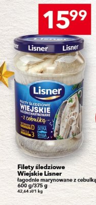 Filety śledziowe Wiejskie Lisner łagodnie marynowane z cebulką 600 g/375 g promocja w LEWIATAN