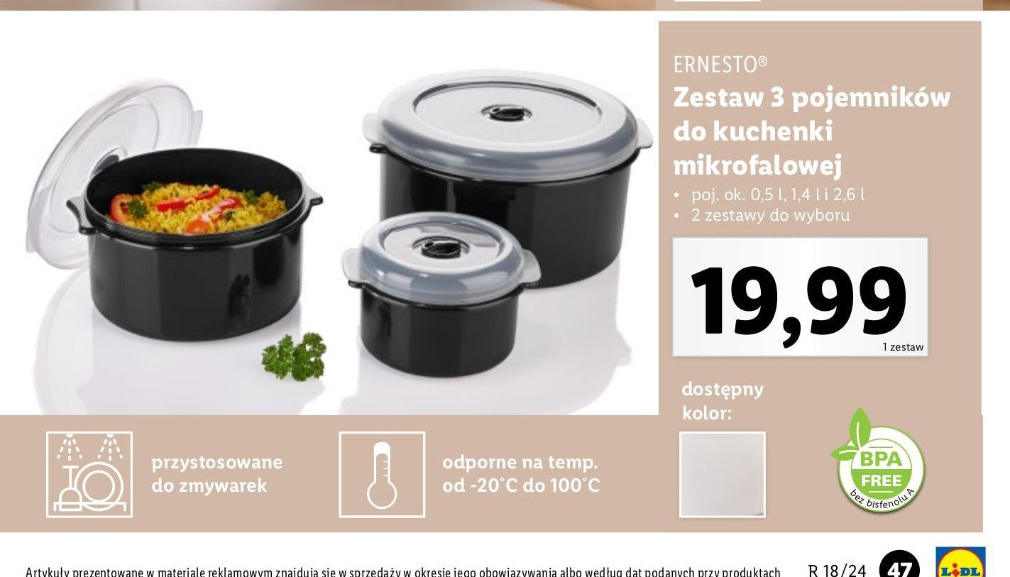 Zestaw pojemników do kuchenki mikrofalowej 0.5l + 1.65l + 2.75l Ernesto promocja w Lidl