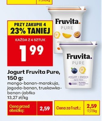 Jogurt Fruvita Pure, 150 g: mango-banan-marakuja, banan, truskawka-banan-jabłko promocja w Biedronka
