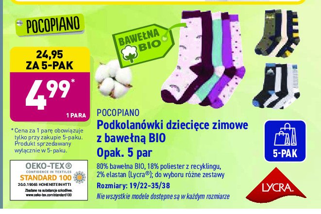 Podkolanówki dziecięce zimowe z bawełną bio 19/22-35/38 Pocopiano promocja