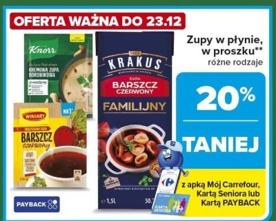 Zupy w płynie różne rodzaje Knorr, Krakus promocja w Carrefour Market