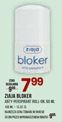 Antyperspirant Ziaja Bloker roll-on, 60 ml promocja w Drogerie Natura