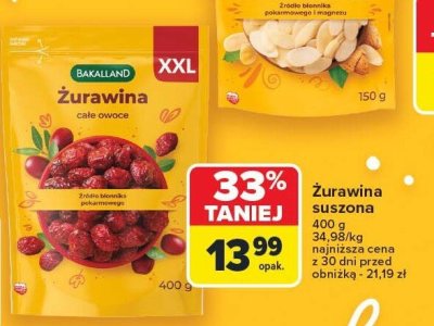 Żurawina całe owoce suszone 400 g BAKALLAND promocja w Carrefour