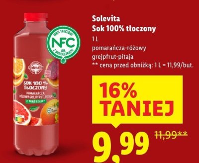Sok Solevita Sok 100% tłoczony pomarańcza-różowy grejpfruit-pitaja promocja w Lidl
