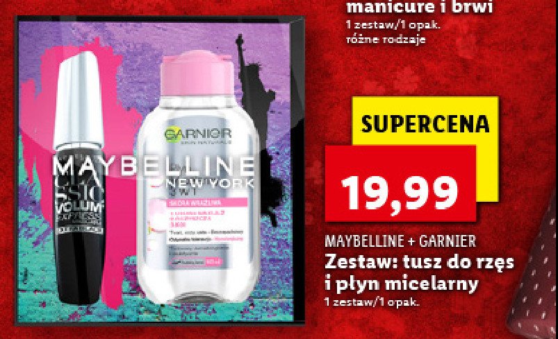 Zestaw w pudełku tusz do rzęs 1 szt + płyn do demakijażu oczu 125 ml Maybelline classic volum express extra black + garnier skin naturals promocja w Lidl