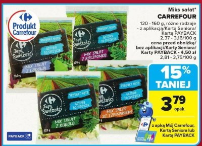 Miks sałat Carrefour różne rodzaje (z łodzią, z roszponką, ze szpinakiem, z rukolą) promocja w Carrefour