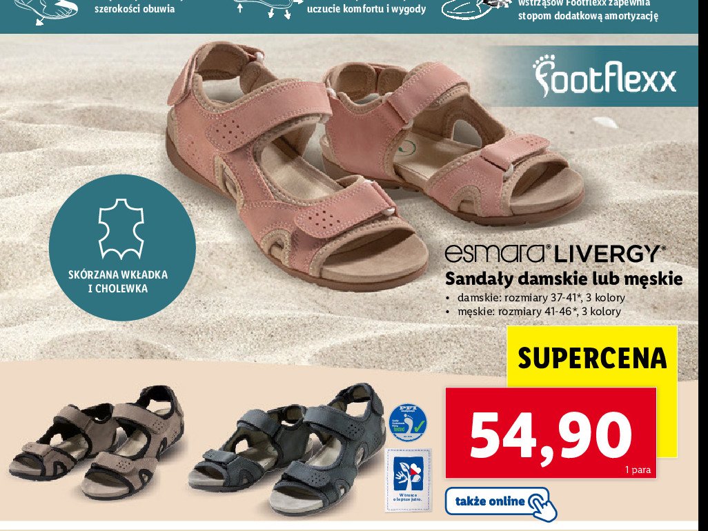 Sandały damskie ze skórzaną wkładką 37-41 Esmara livergy promocja