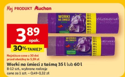 Worki na śmieci z taśmą 35 l lub 60 l 8-12 szt. Auchan promocja w Auchan