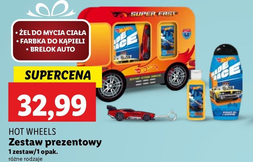 Zestaw w pudełku super fast: żel+szampon + farbka do kąpieli + breloczek Hot wheels promocja w Lidl