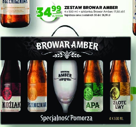 Zestaw: piwo koźlak 500 ml + piwo pszeniczne 500 ml + piwo apa 500 ml + piwo złote lwy 500 ml + szklanka Amber browar amber zestaw Amber (kosmetyki) promocja