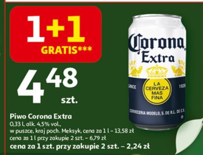 Piwo Corona Extra 0,33 L alk. 4,5% vol. w puszce, kraj poch. Meksyk promocja w Auchan