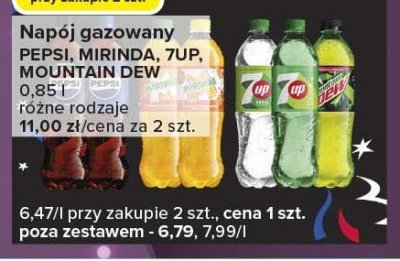 Napój gazowany PEPSI, MIRINDA, 7UP, MOUNTAIN DEW 0.85 l różne rodzaje promocja w Carrefour Express