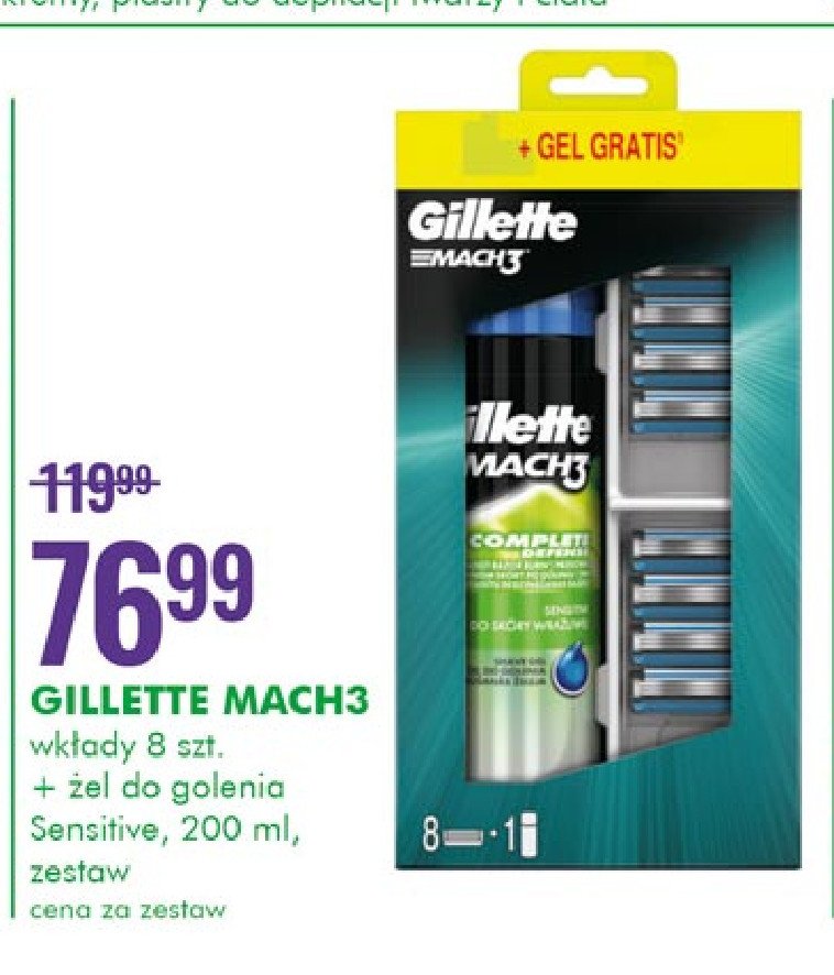 Wkłady do maszynki + żel do golenia sensitive Gillette mach3 promocja