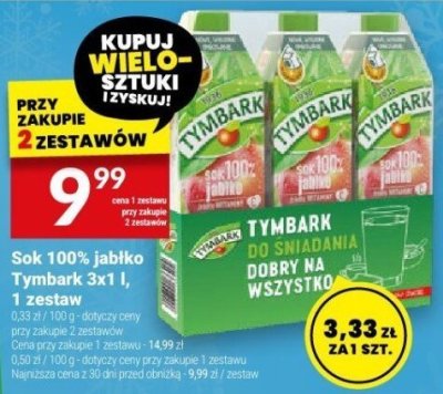Sok 100% jabłko Tymbark 3x1 l, 1 zestaw promocja w Twój Market