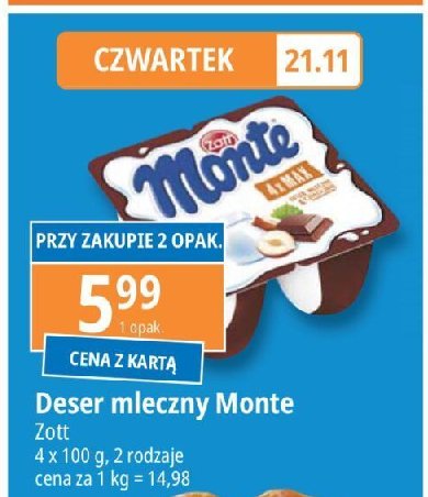 Deser mleczno-czekoladowy z orzechami Zott monte max promocja w Leclerc