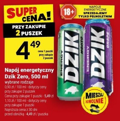 Napój energetyczny Dzik Zero, 500 ml promocja w Twój Market