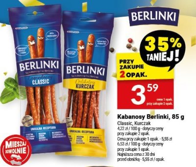 Kabanosy Berlinki, 85 g - Classic, Kurczak promocja w Twój Market