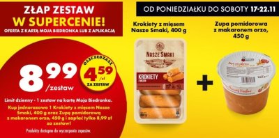 Krokiety z mięsem Nasze Smaki + Zupa pomidorowa z makaronem orzo promocja w Biedronka
