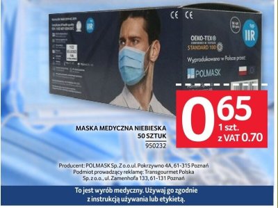 Maska medyczna niebieska POLMASK 50 sztuk promocja w Selgros