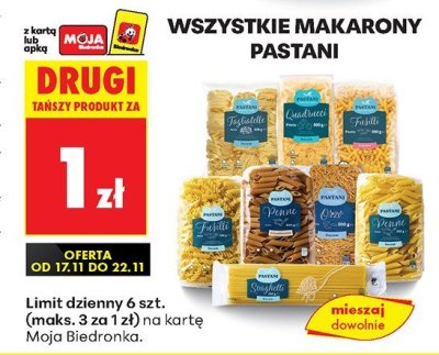 Makarony wszystkie rodzaje DRUGI ZA 1 ZŁ promocja w Biedronka