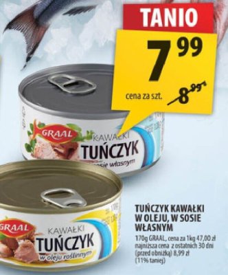 Tuńczyk kawałki w oleju, w sosie własnym Graal promocja w Arhelan