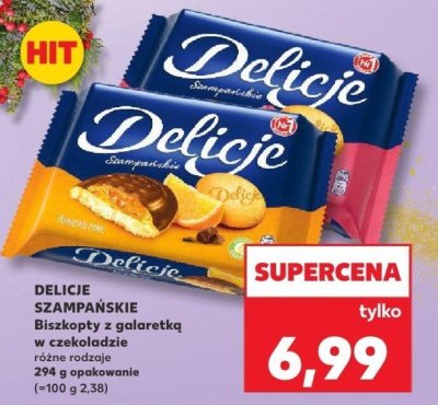 Biszkopty DELICJE Szampańskie Biszkopty z galaretką w czekoladzie różne rodzaje 294 g promocja w Kaufland