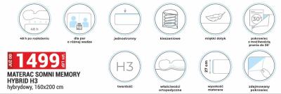 Materac SOMNI MEMORY HYBRID H3, hybrydowy, 160x200 cm promocja w Merkury Market